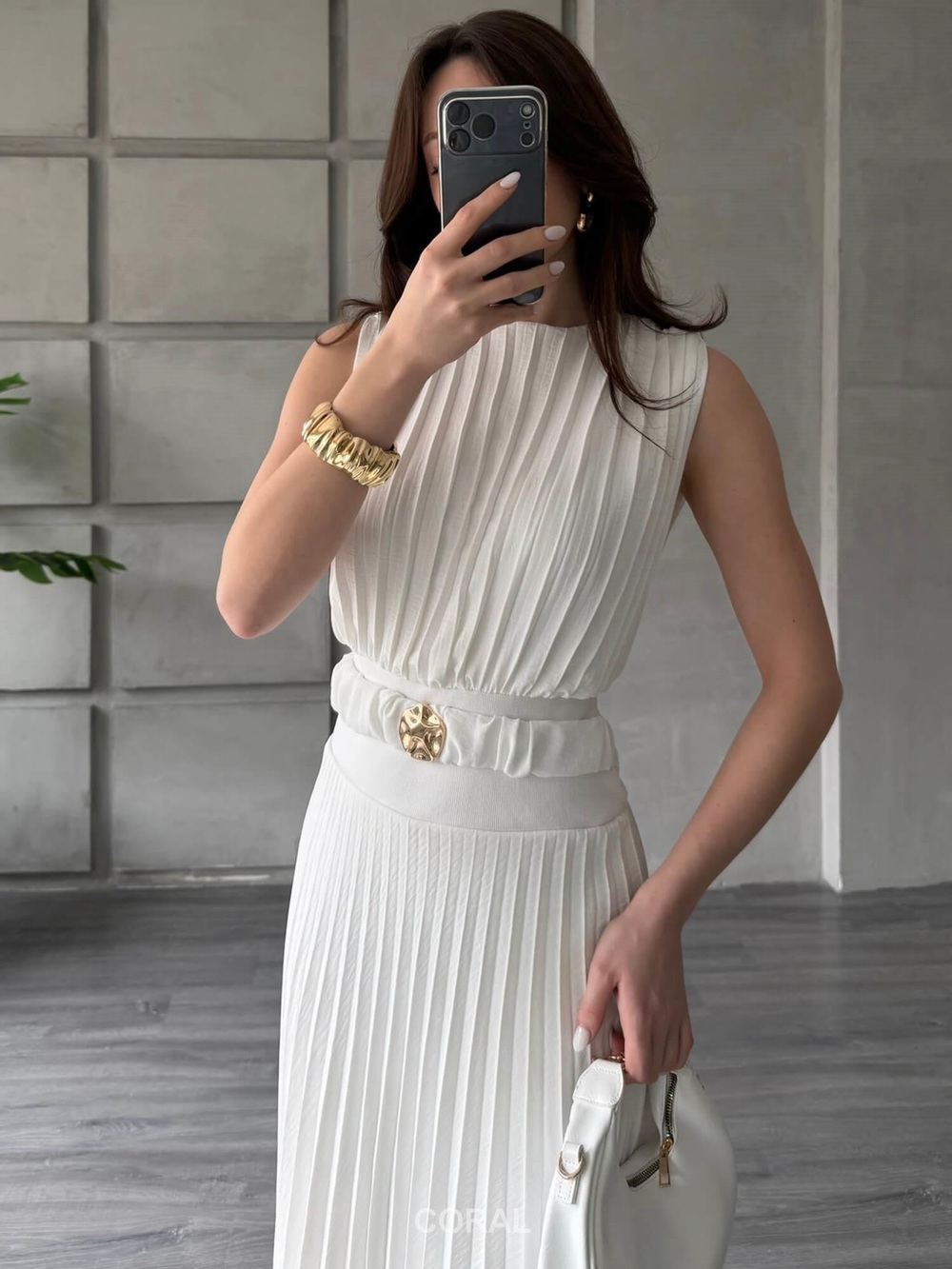 Zara White Pleated Sleeveless Midi Dress with Gold Buckle
